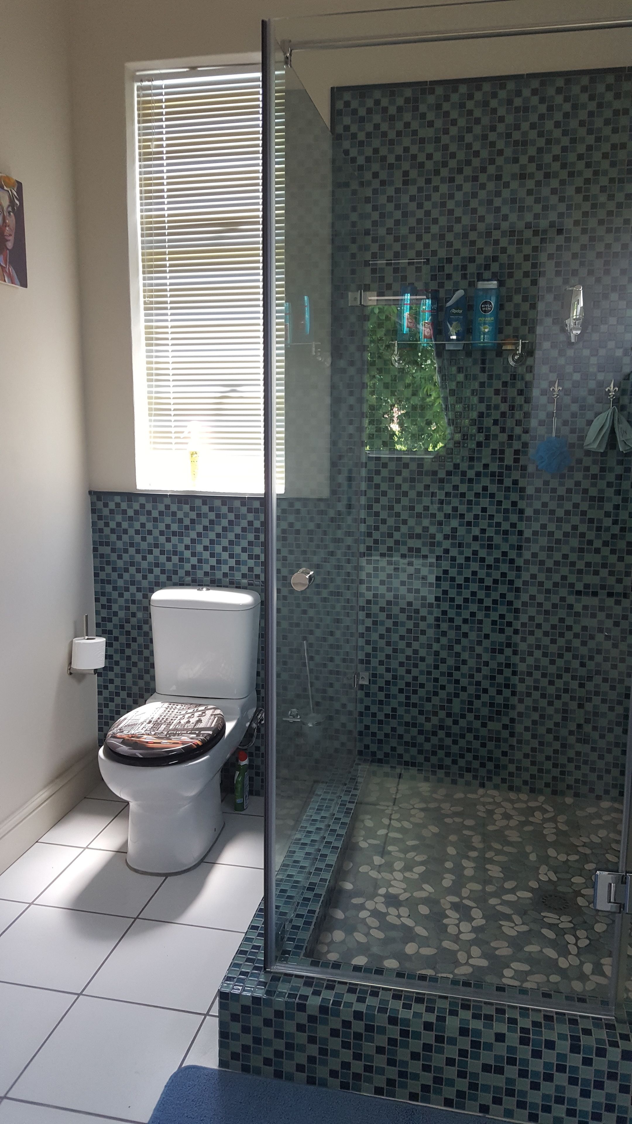 A bathroom with a toilet, a shower with a glass door, and a tiled wall.