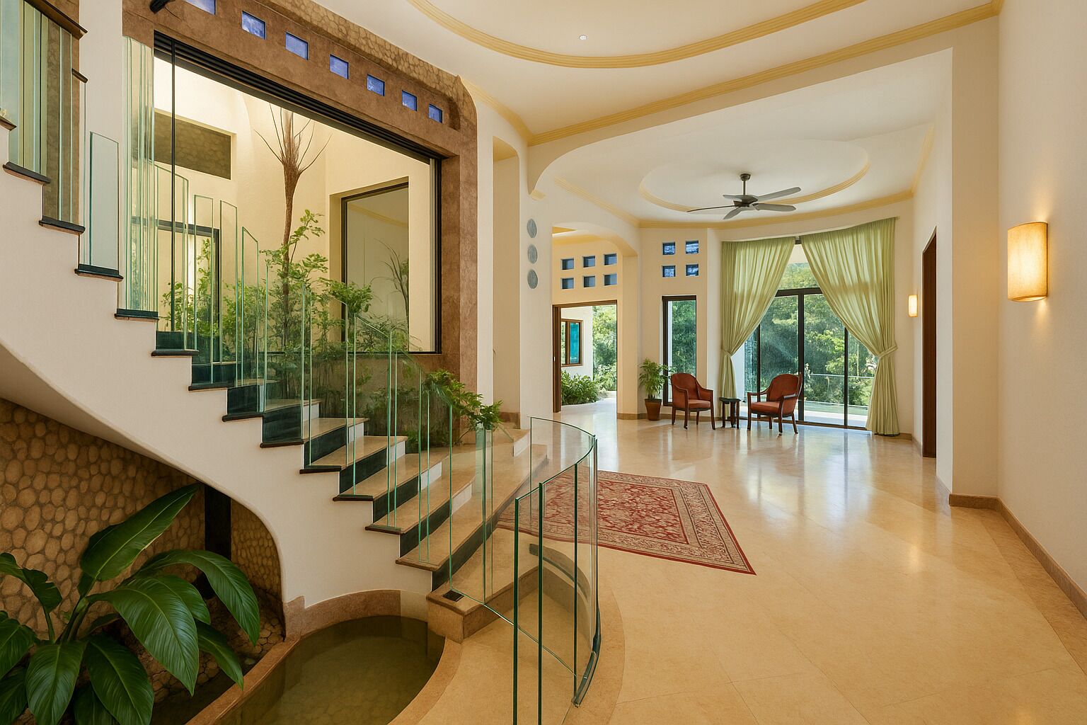 A modern interior with a glass staircase, a seating area with chairs, and a large window with curtains.