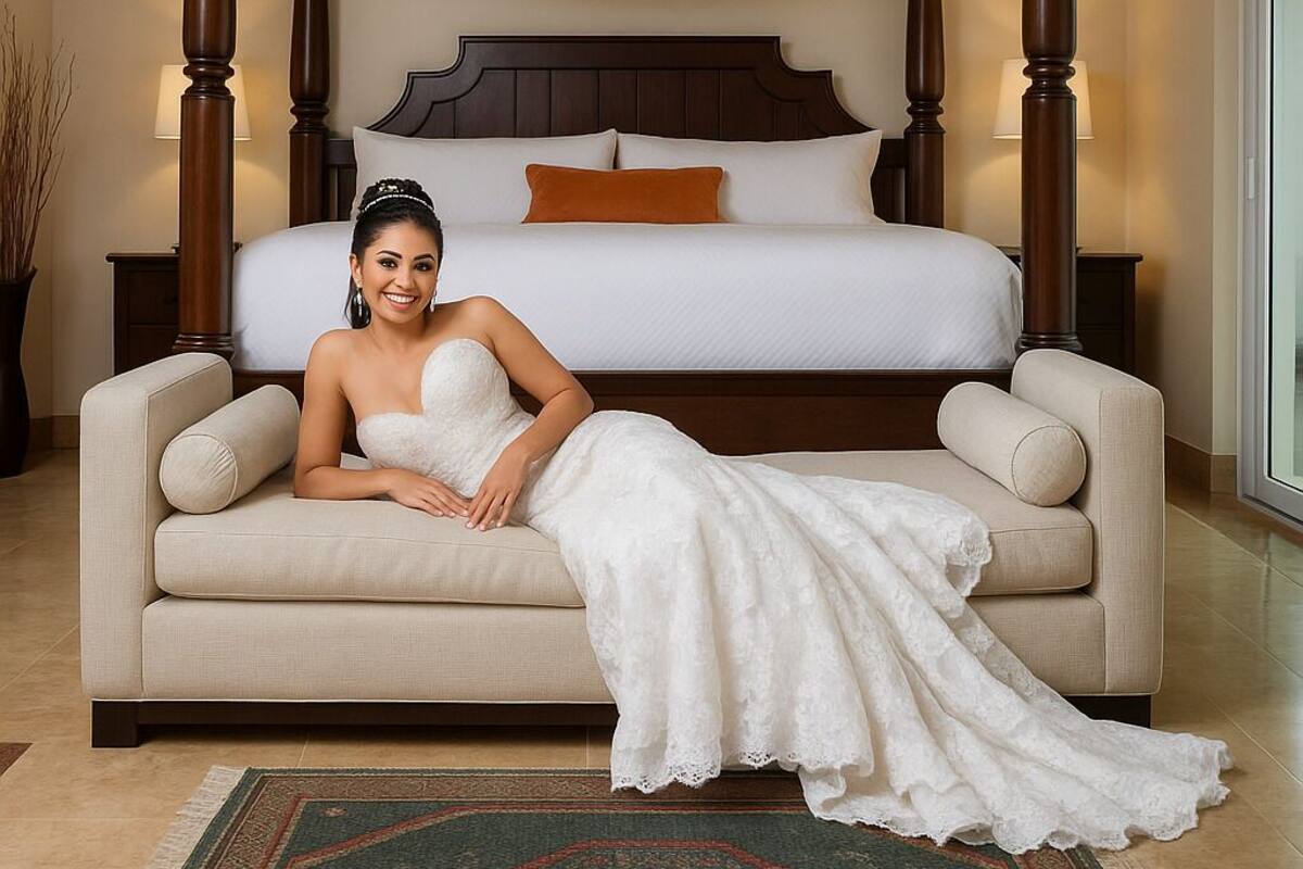 A bedroom with a four-poster bed, a large window, and a decorative canopy.
