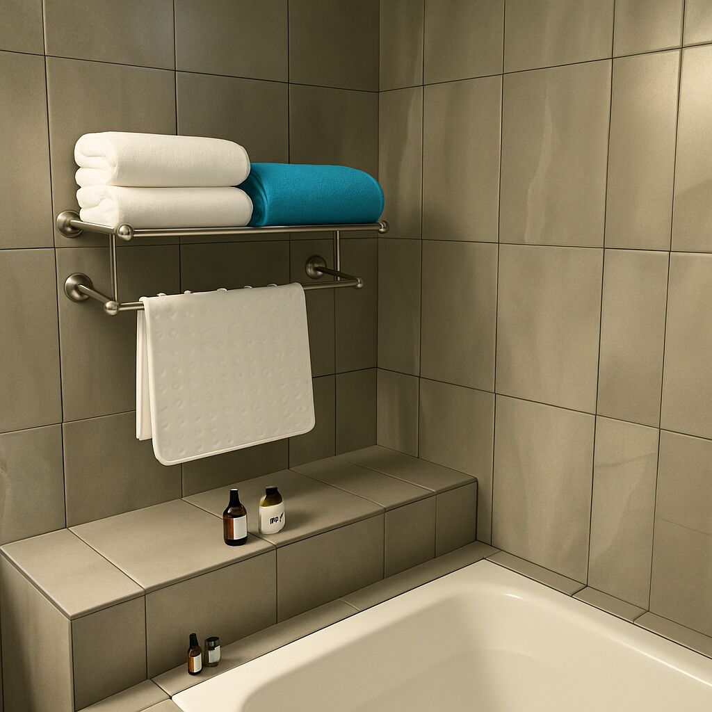 Un baño con una bañera, un perchero con toallas dobladas y un estante con artículos de aseo.