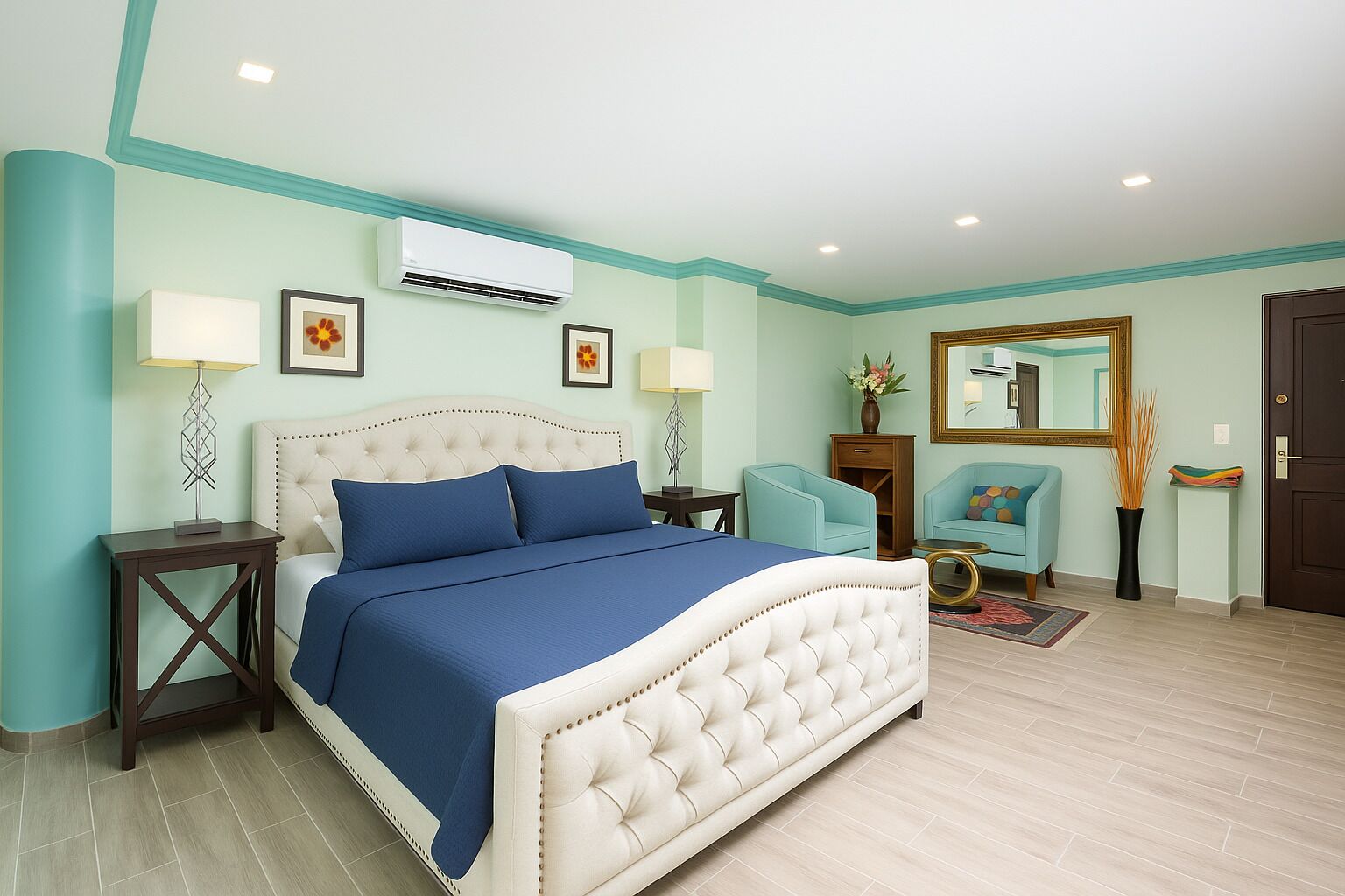 Caja de seguridad en la habitación y tabla de planchar con plancha 