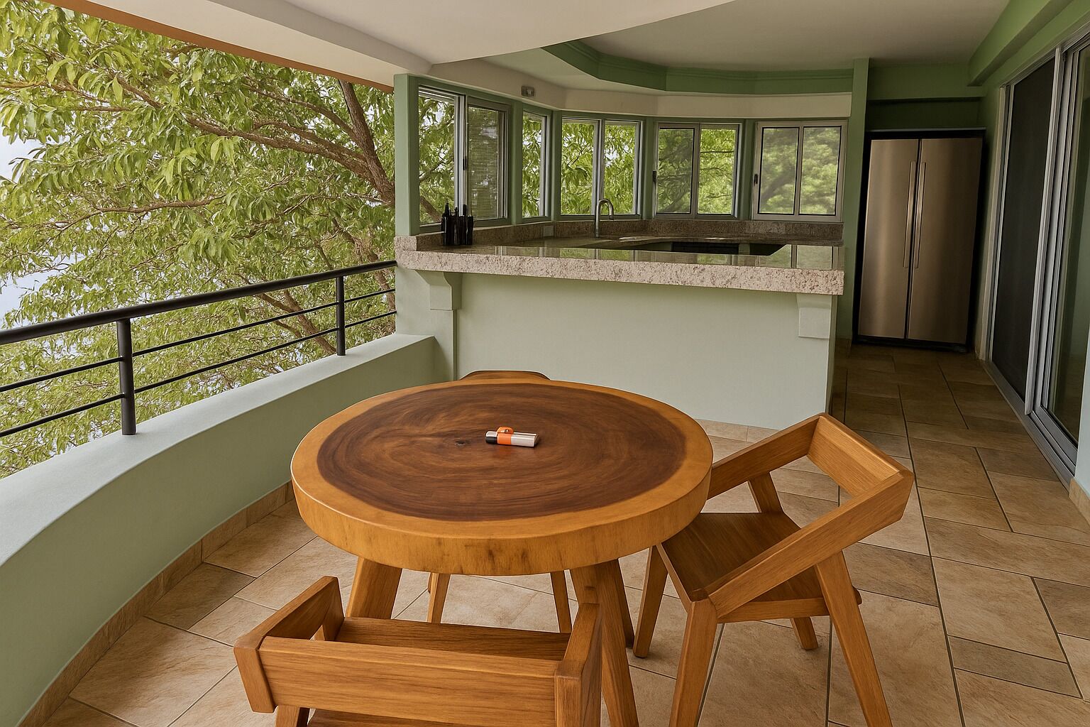A kitchen with a round wooden table and chairs, a stainless steel refrigerator, and a view of trees through large windows.