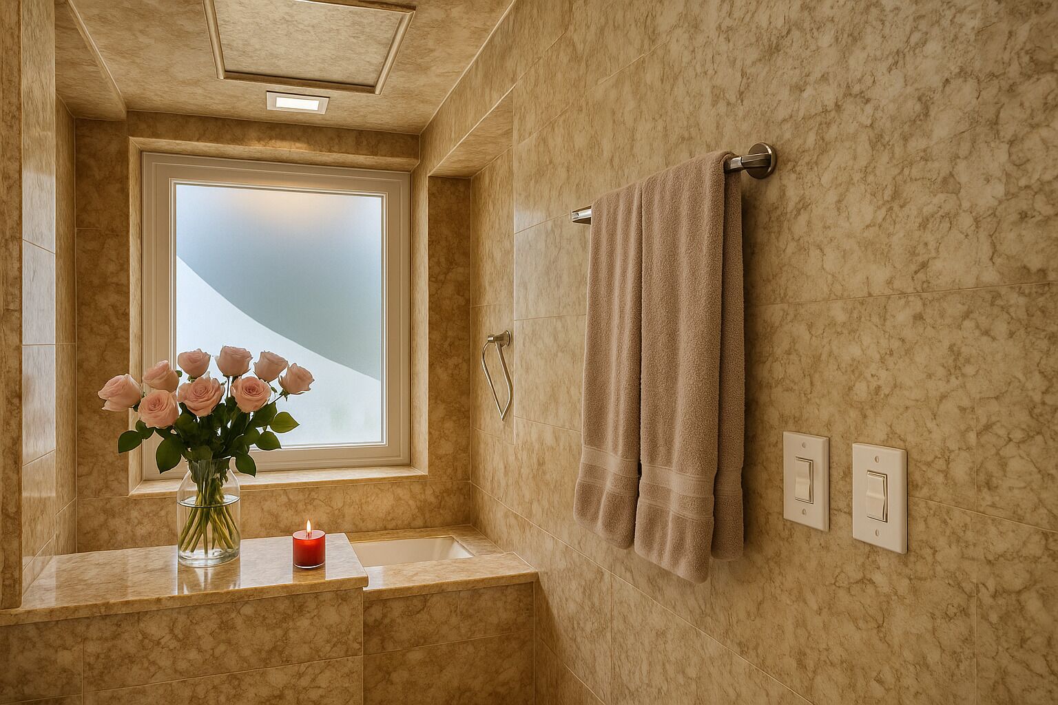 Une salle de bain avec un mur en marbre, une fenêtre, un porte-serviettes et un vase rempli de fleurs.