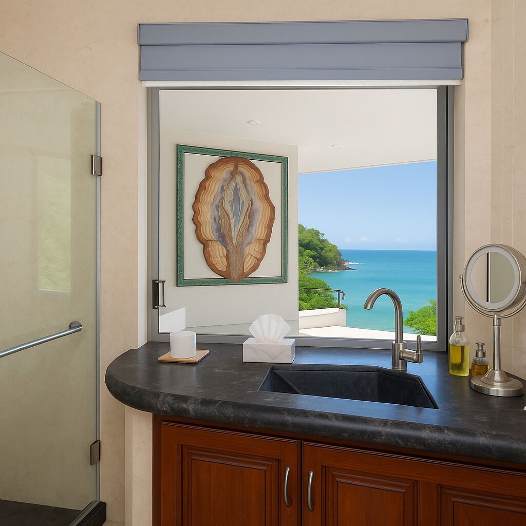 A bathroom with a sink, a mirror, and a view of the ocean.