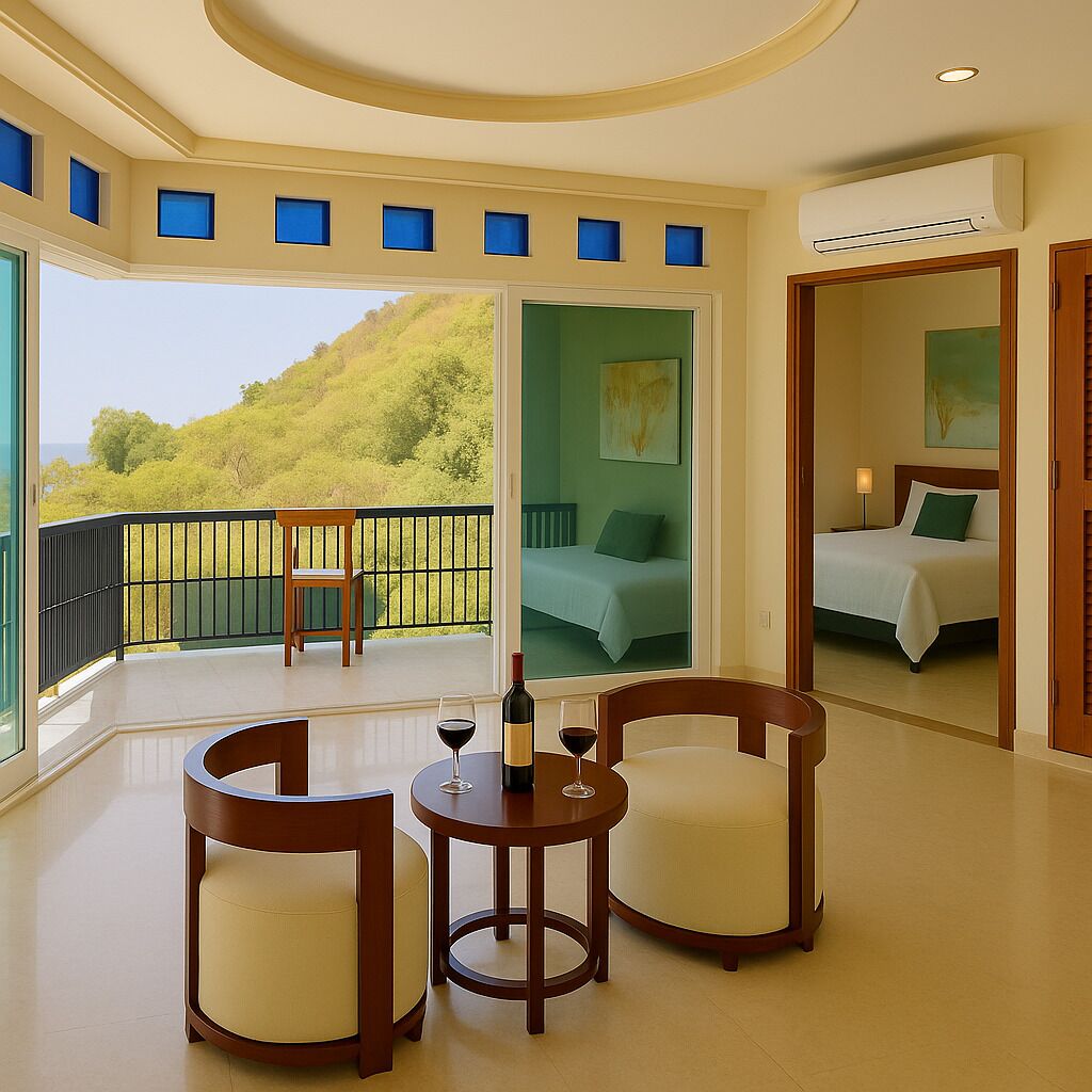 Habitación de hotel con balcón, una cama, escritorio y dos sillas, y vista a un paisaje verde.
