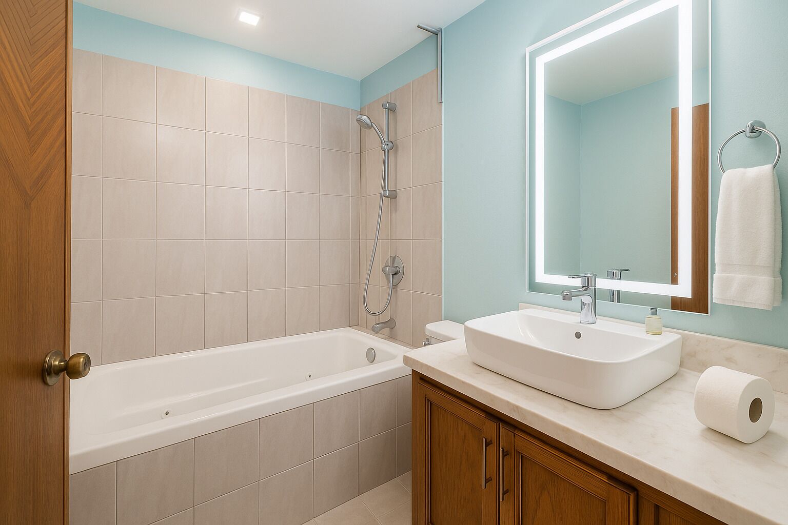A bathroom with a bathtub, a sink, and a mirror.
