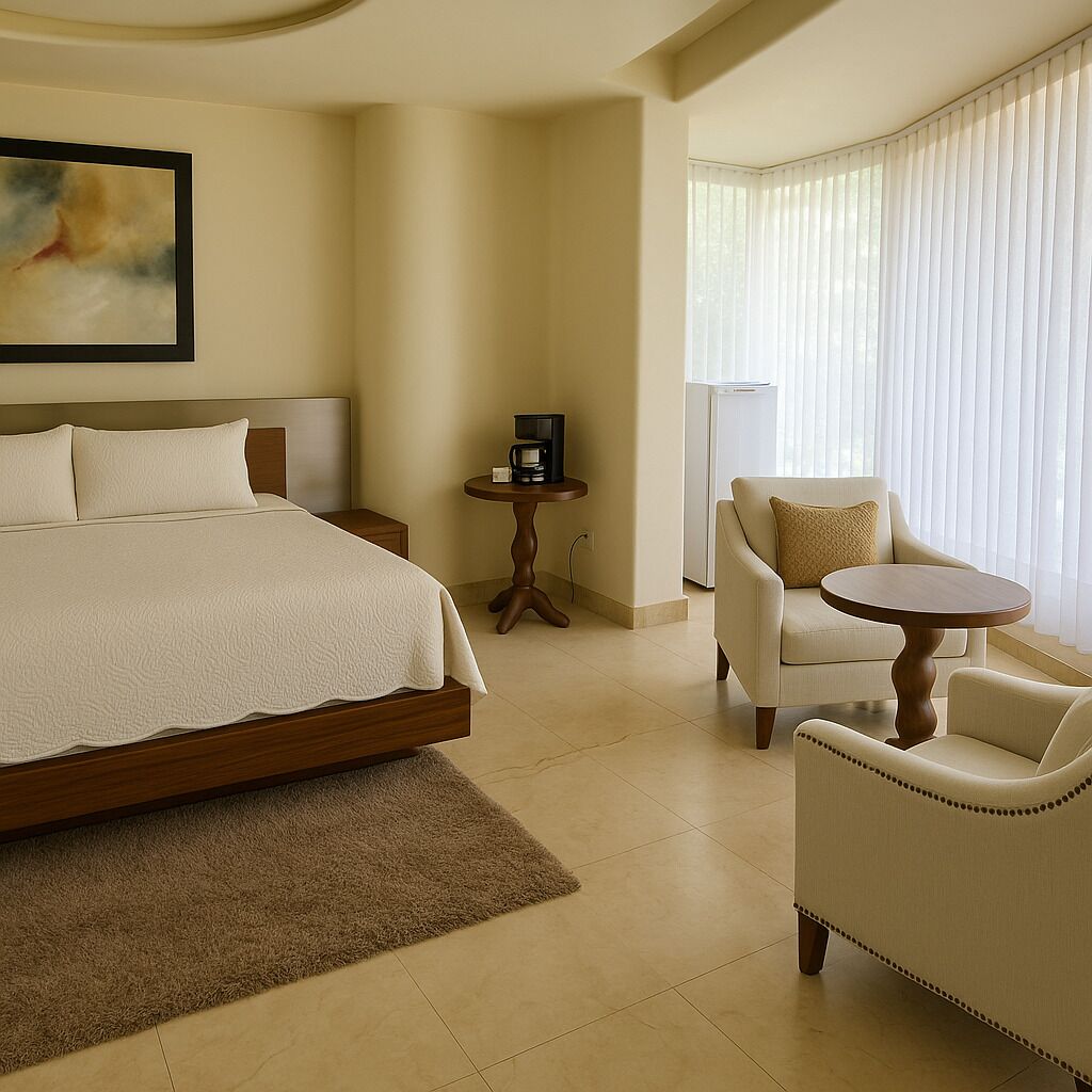 A hotel room with a large bed, a small round table with a coffee maker, a chair, and a sofa.