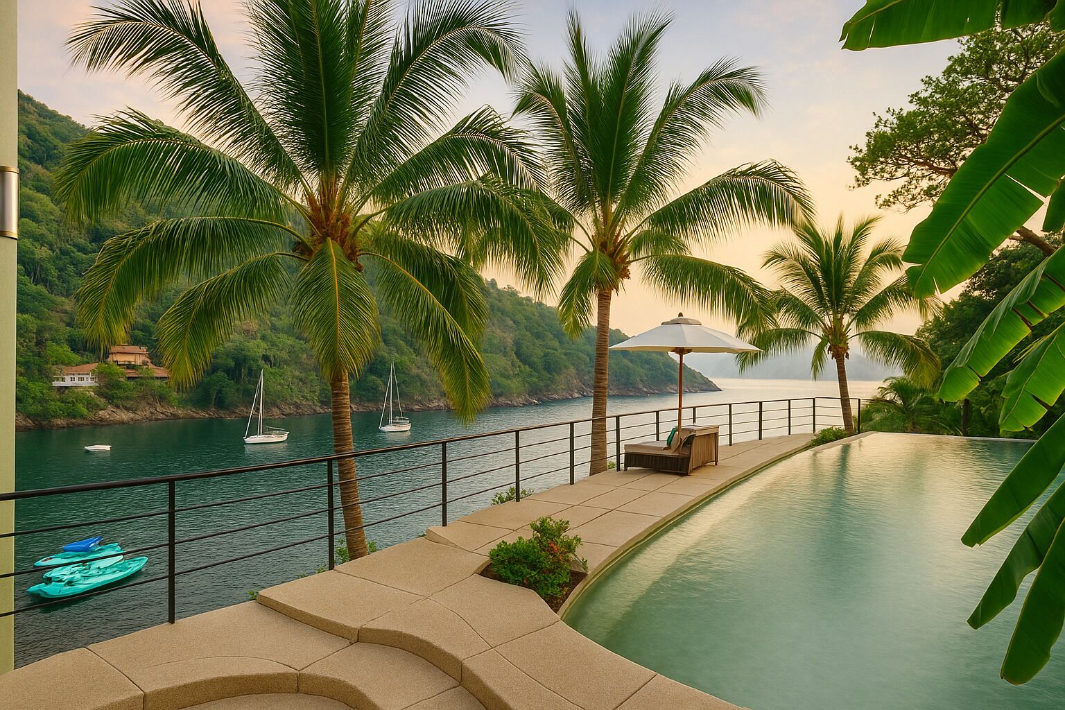 A poolside area with a view of the sea, palm trees, and a chair.