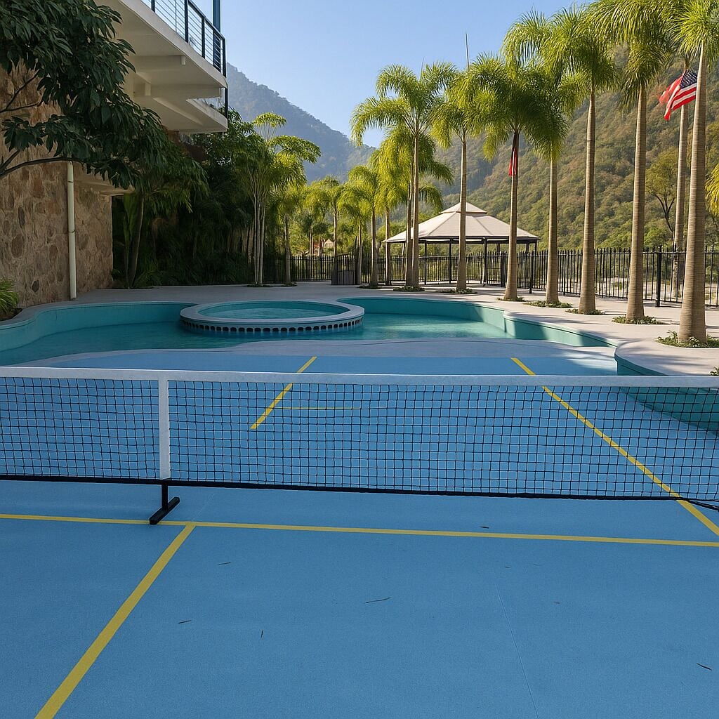 A swimming pool area with a netted section, palm trees, and an American flag.
