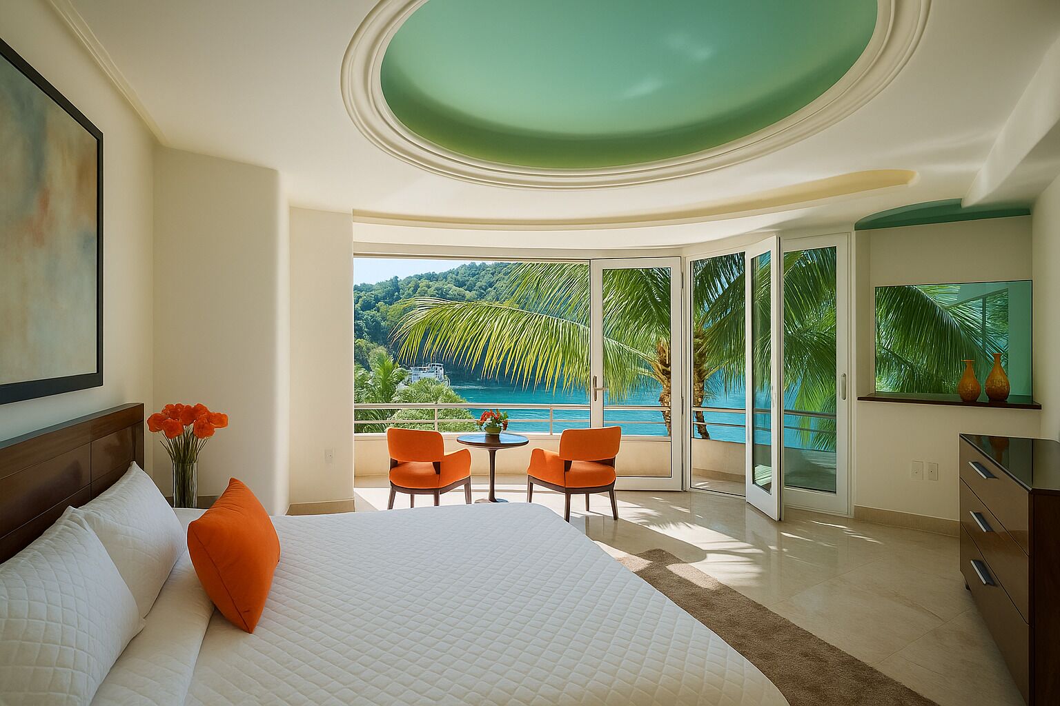 A bedroom with a large bed, orange pillows, a nightstand, a vase with flowers, and a view of a tropical landscape through a glass door.