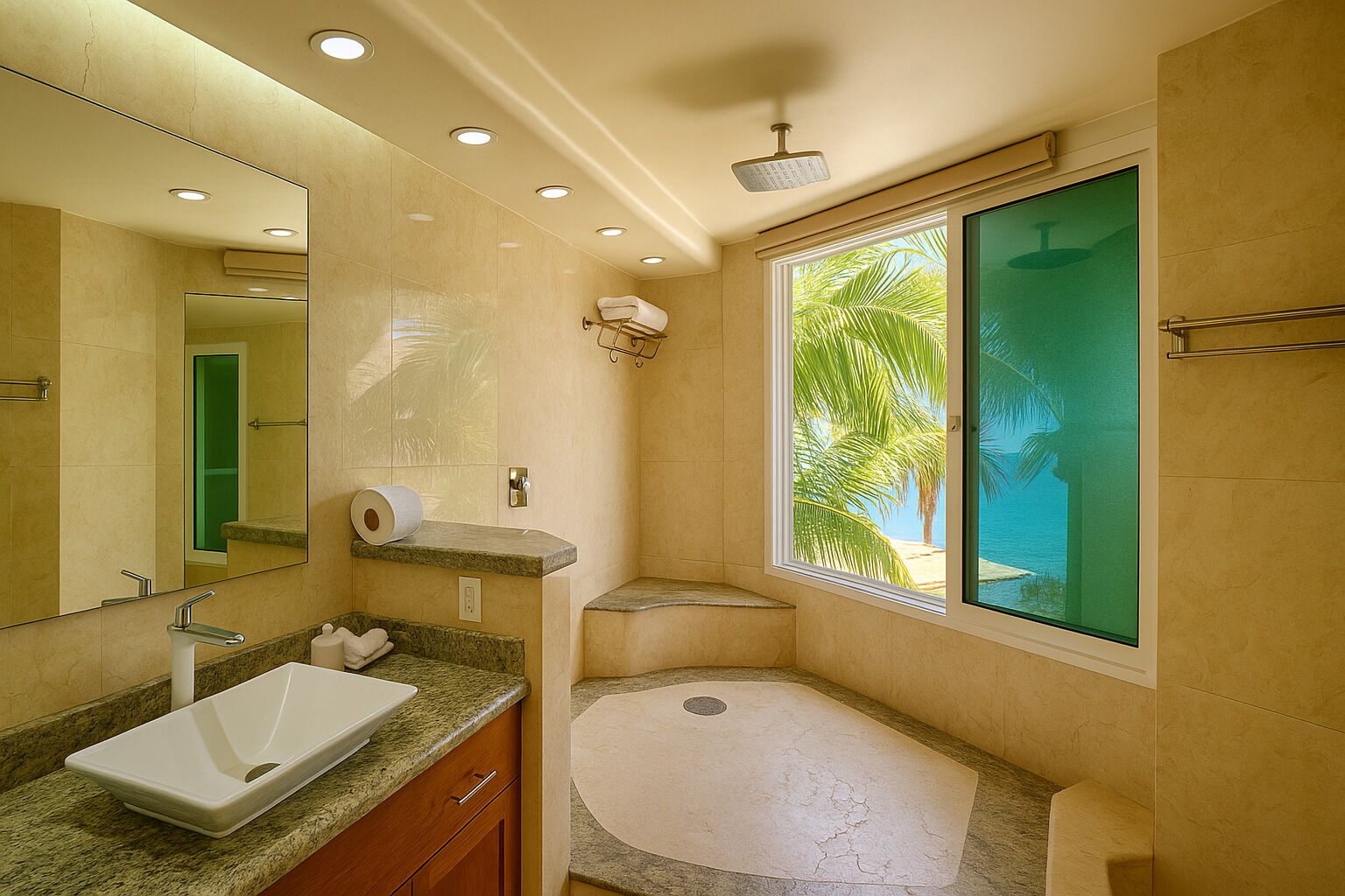 A modern bathroom with a large mirror, a white sink, a shower, and a window with a view of palm trees.