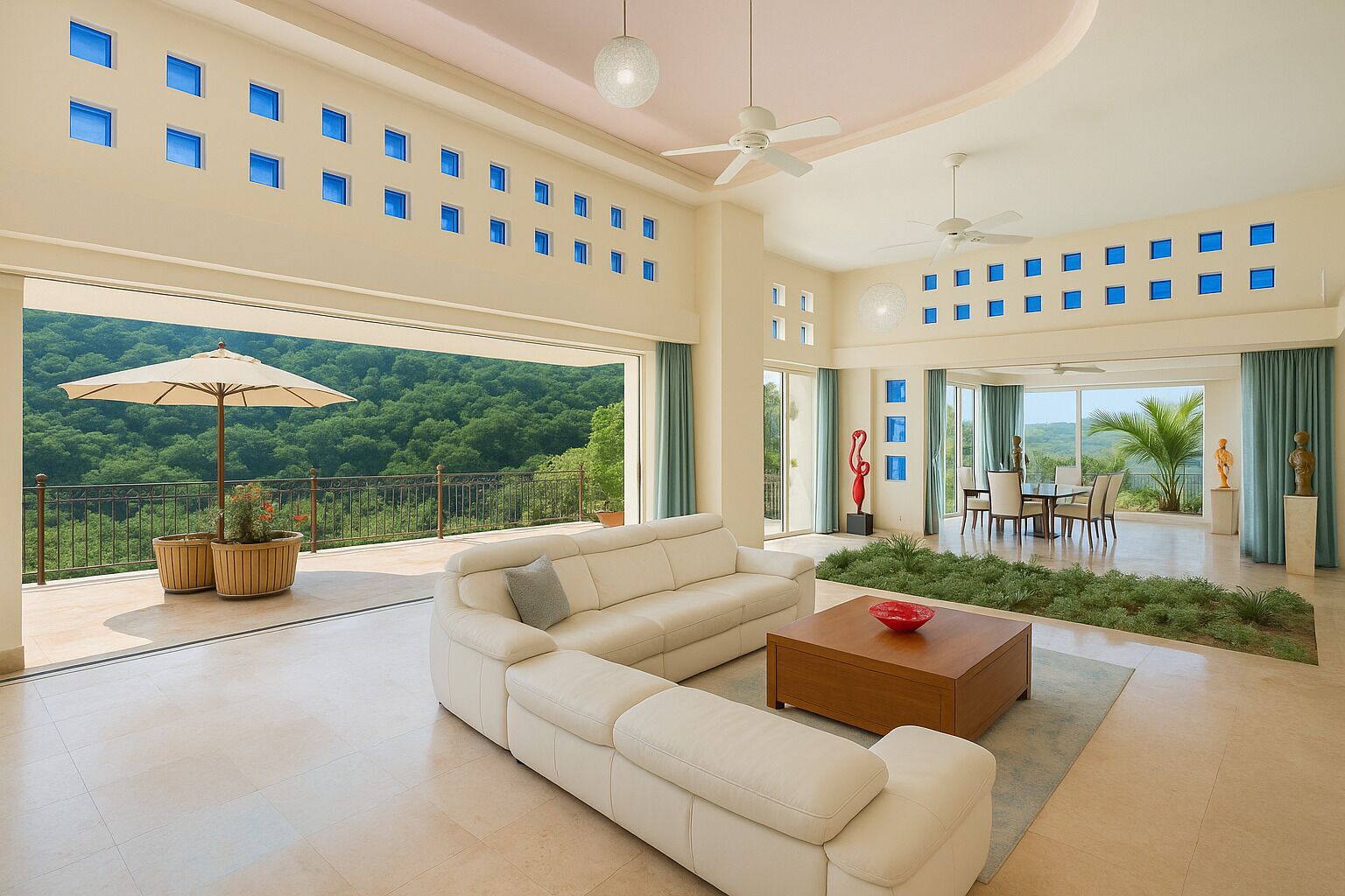 Un salón amplio con un sofá seccional beige grande, una mesa de centro de madera y un balcón con vistas a una zona boscosa.