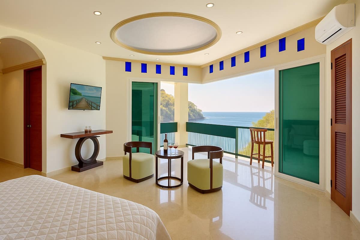 A hotel room with a large bed, a small table with two chairs, a TV, and a balcony with a view of the sea.