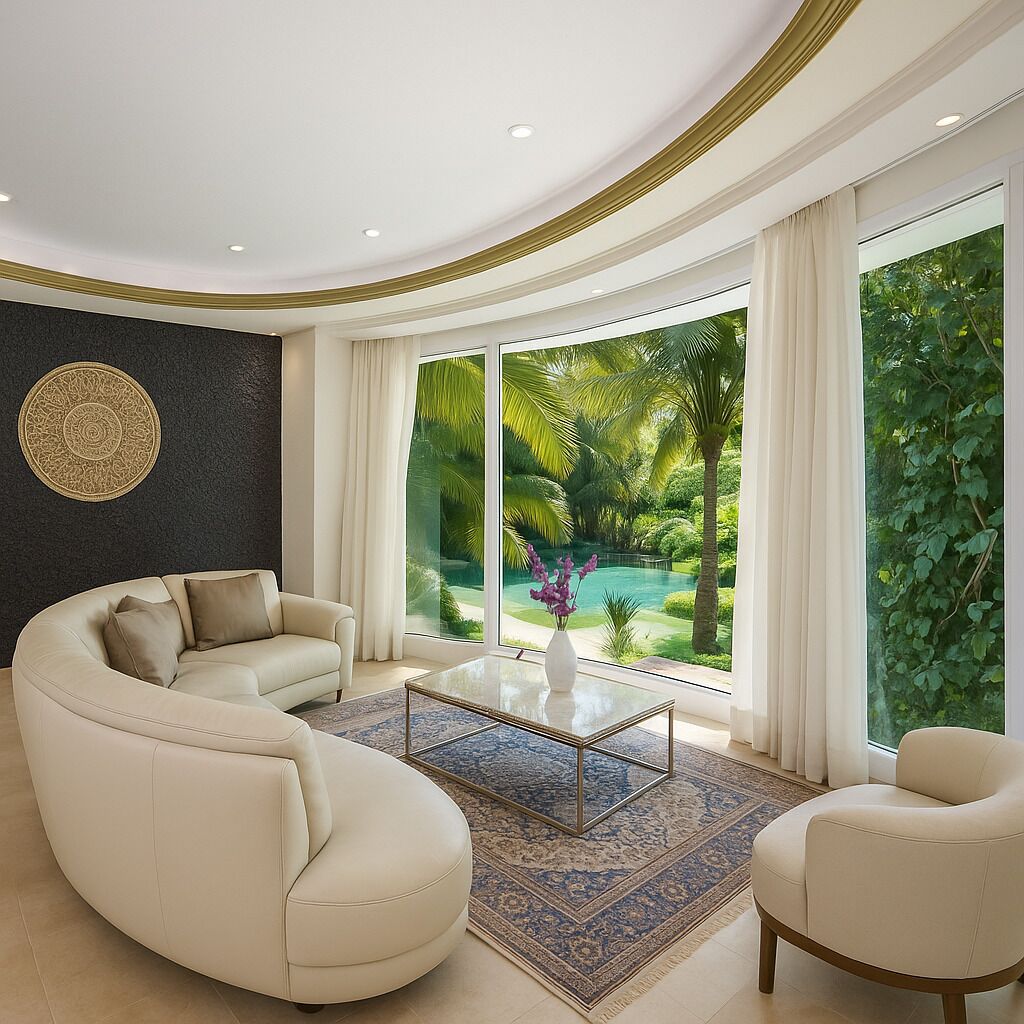 A spacious living room with a curved sofa, a coffee table, and a view of a lush garden through large windows.