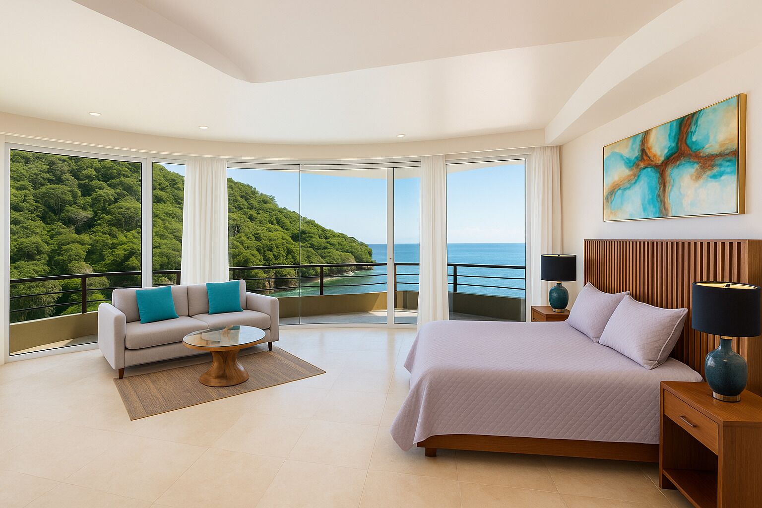 Ein modernes Hotelzimmer mit einem großen Bett, einer Couch, einem Couchtisch und Blick auf eine üppig grüne Landschaft durch raumhohe Fenster.