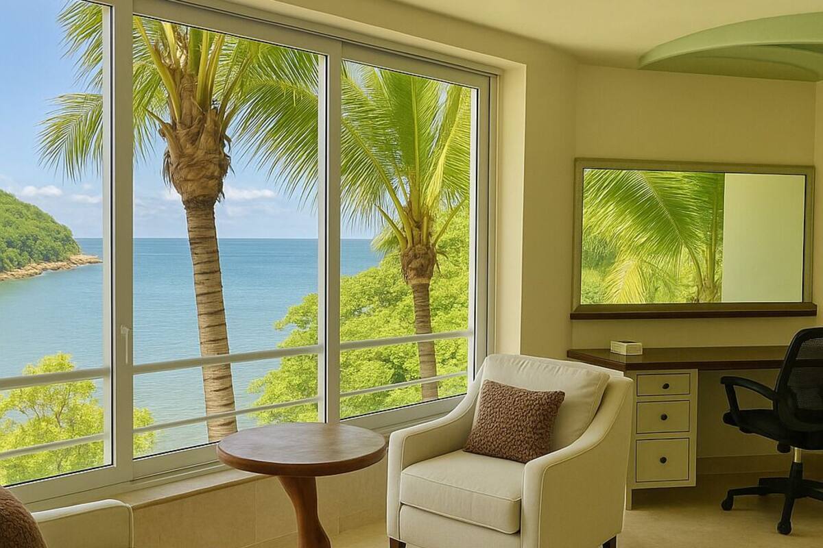 A room with a view of a tropical landscape, featuring a desk, two chairs, and a small round table.