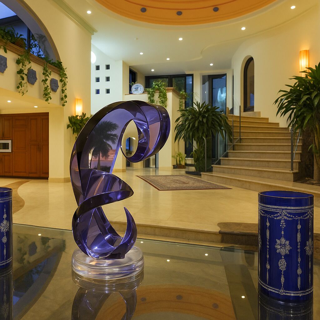A modern lobby with a glass sculpture, a staircase, and potted plants.
