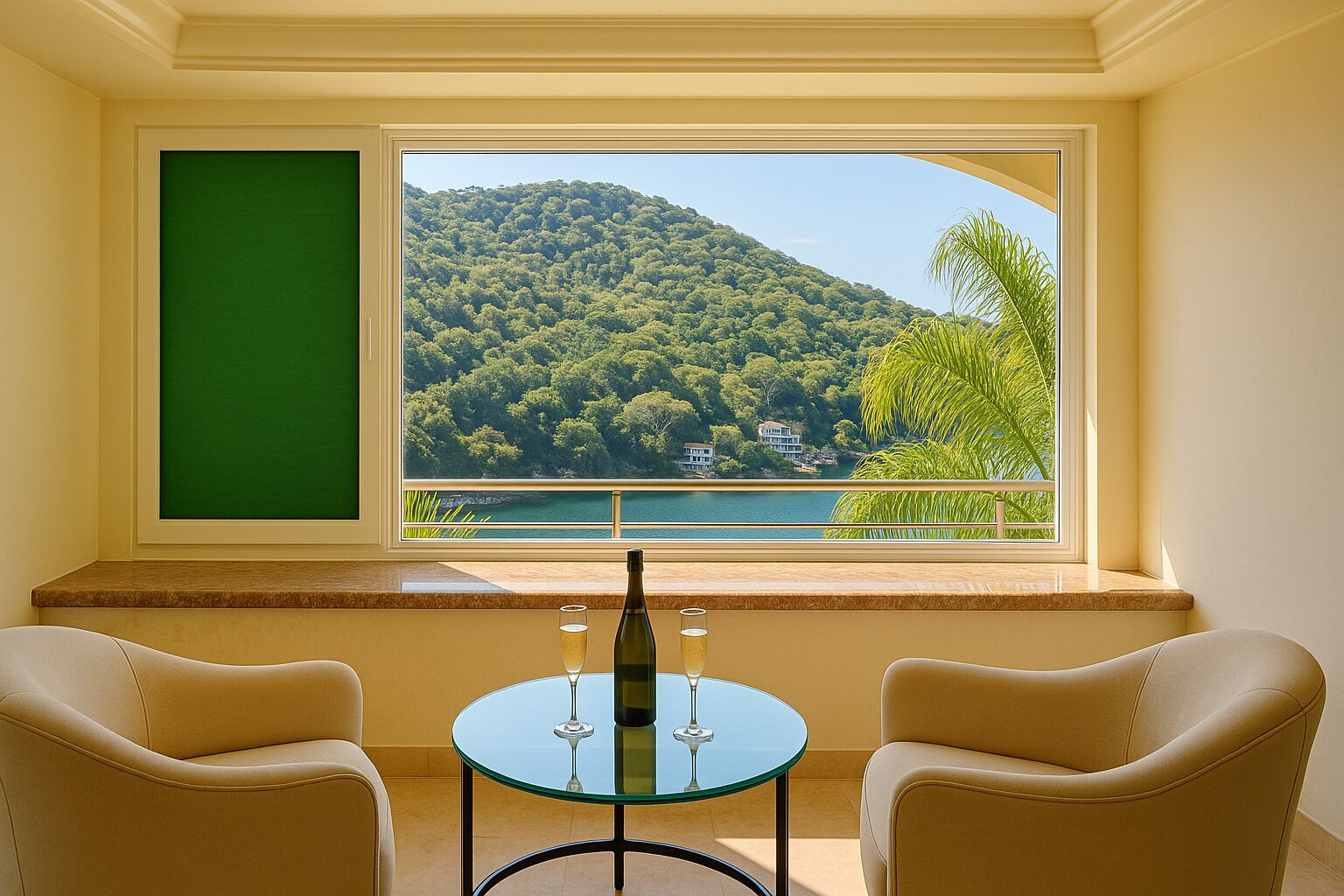 Une pièce dotée d’une grande fenêtre donnant sur une colline boisée et un plan d’eau. On y trouve une petite table avec deux chaises et deux verres.