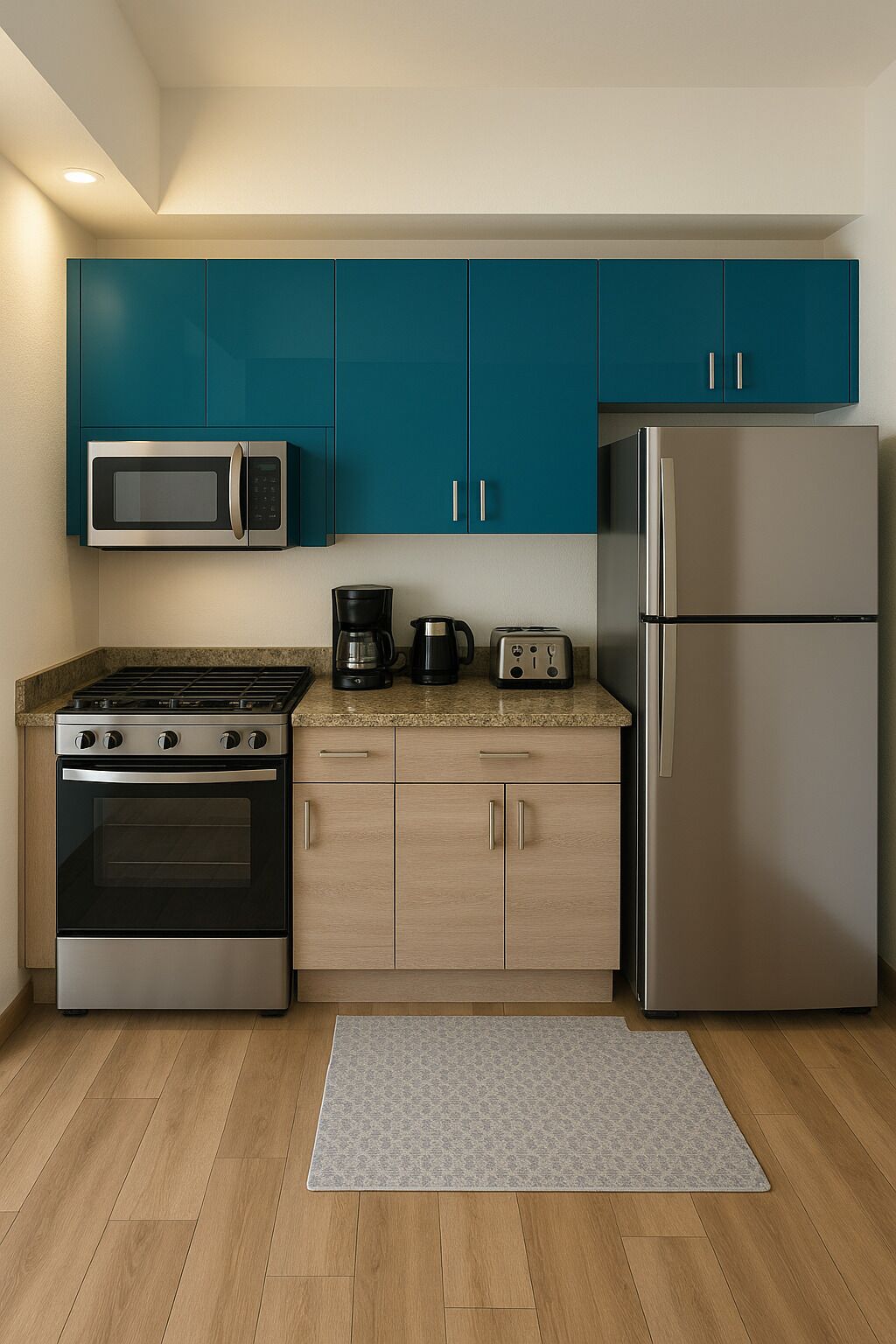 A modern kitchen with teal cabinets, a stainless steel microwave, a gas stove, a coffee maker, a toaster, and a refrigerator.
