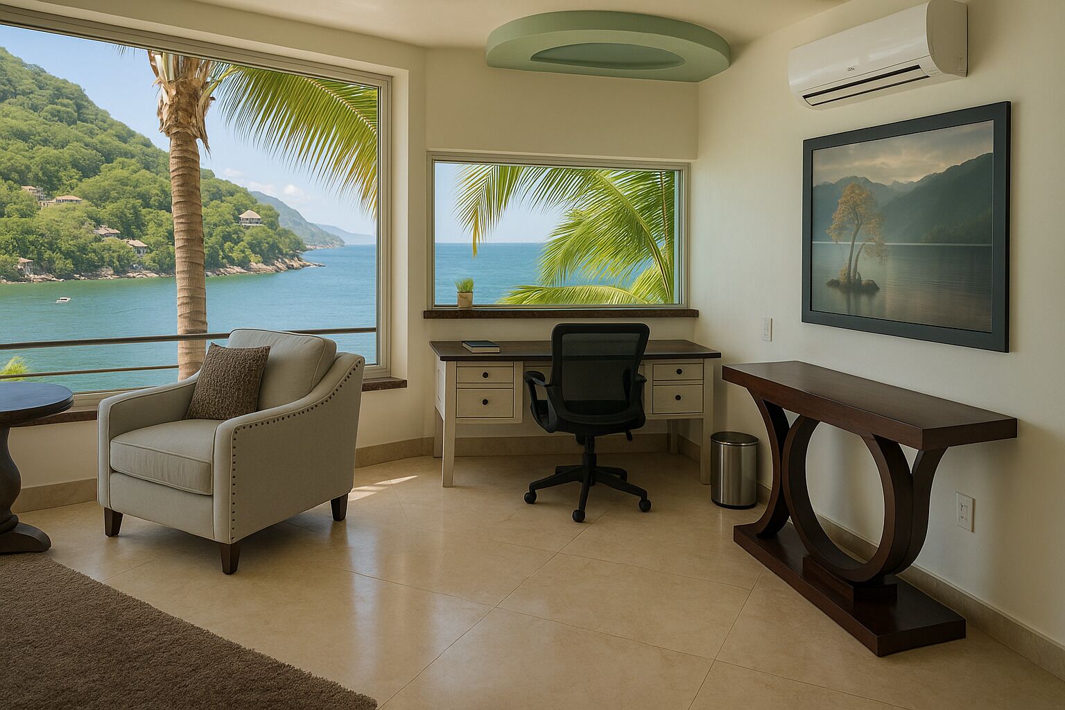 A room with a desk, chair, and a large window overlooking a scenic view of a lake and mountains.