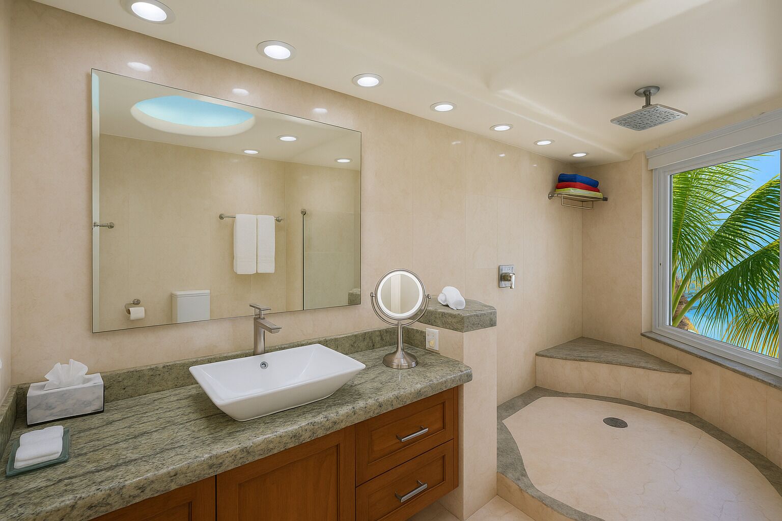 Une salle de bain moderne avec un grand miroir, un lavabo et une douche.