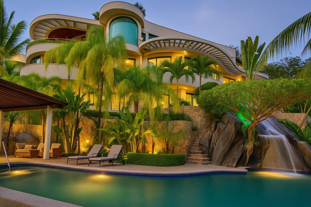 A resort with a pool, lounge chairs, and a waterfall.