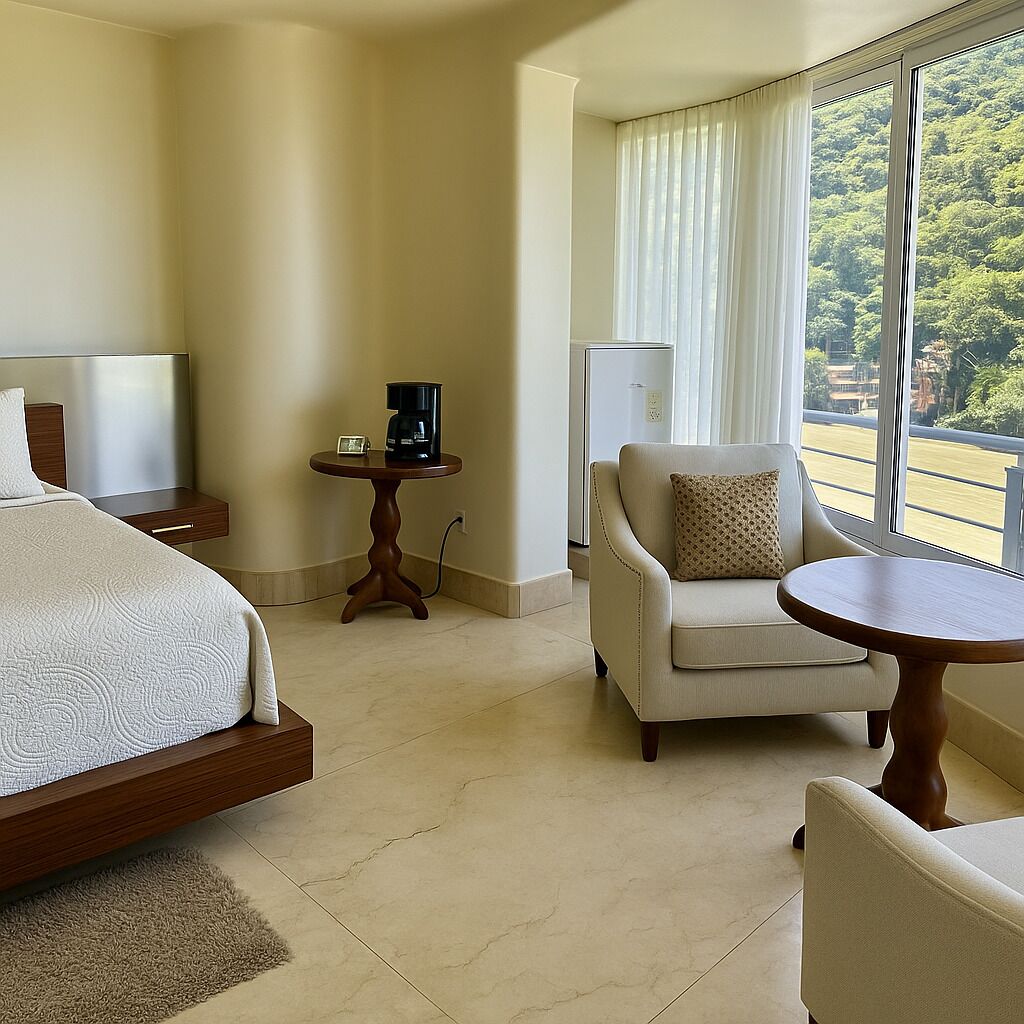 Camera d'albergo con un letto, una poltrona, un tavolino con una macchina del caffè e vista su un fiume attraverso ampie finestre.