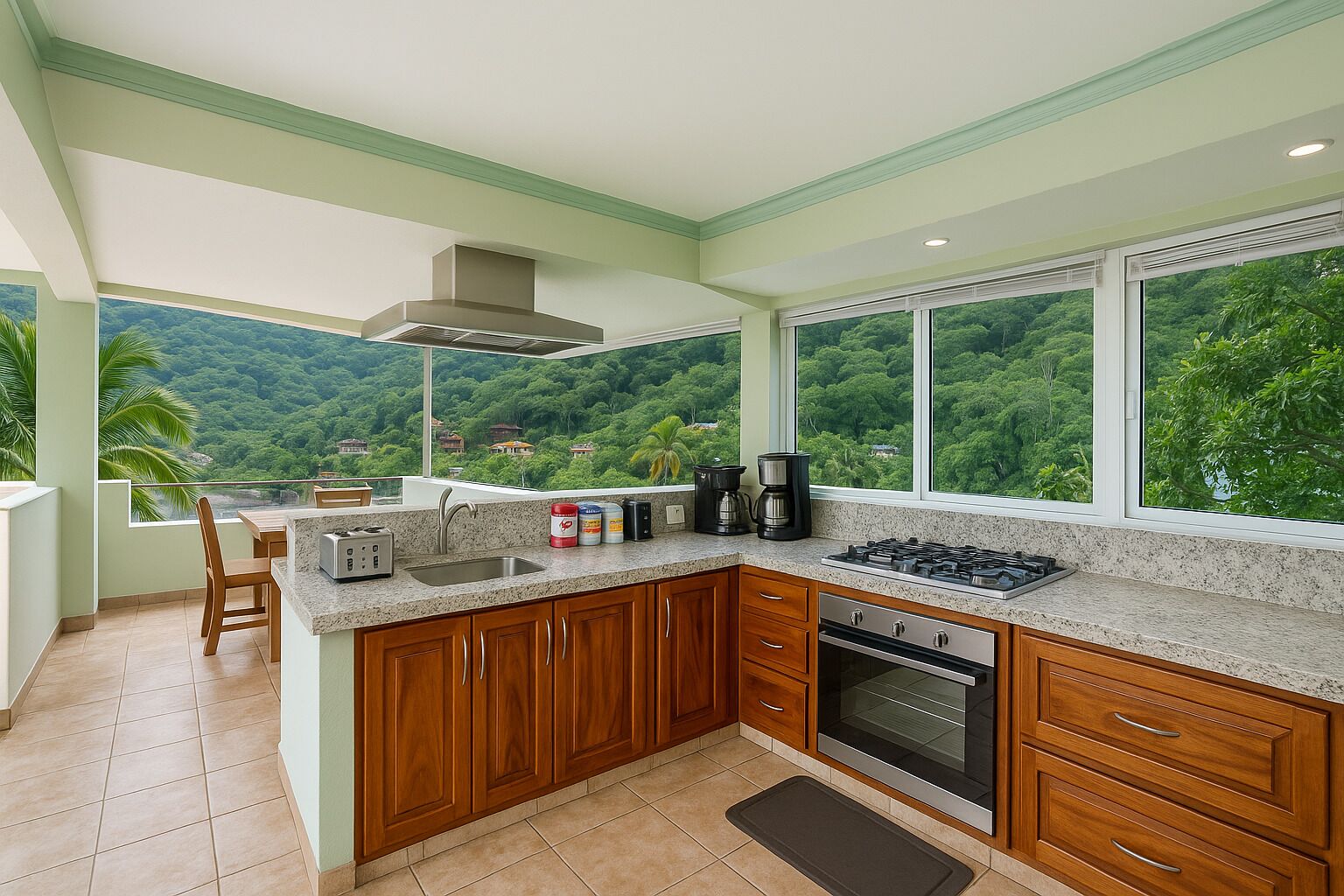 A kitchen with wooden cabinets, a granite countertop, and a view of lush greenery.