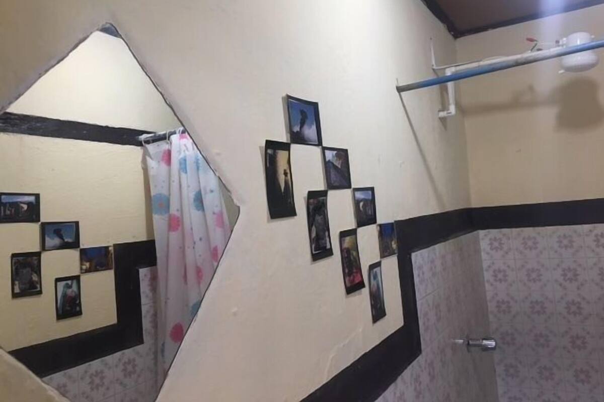 Une salle de bain avec une douche, un porte-serviettes et un miroir.