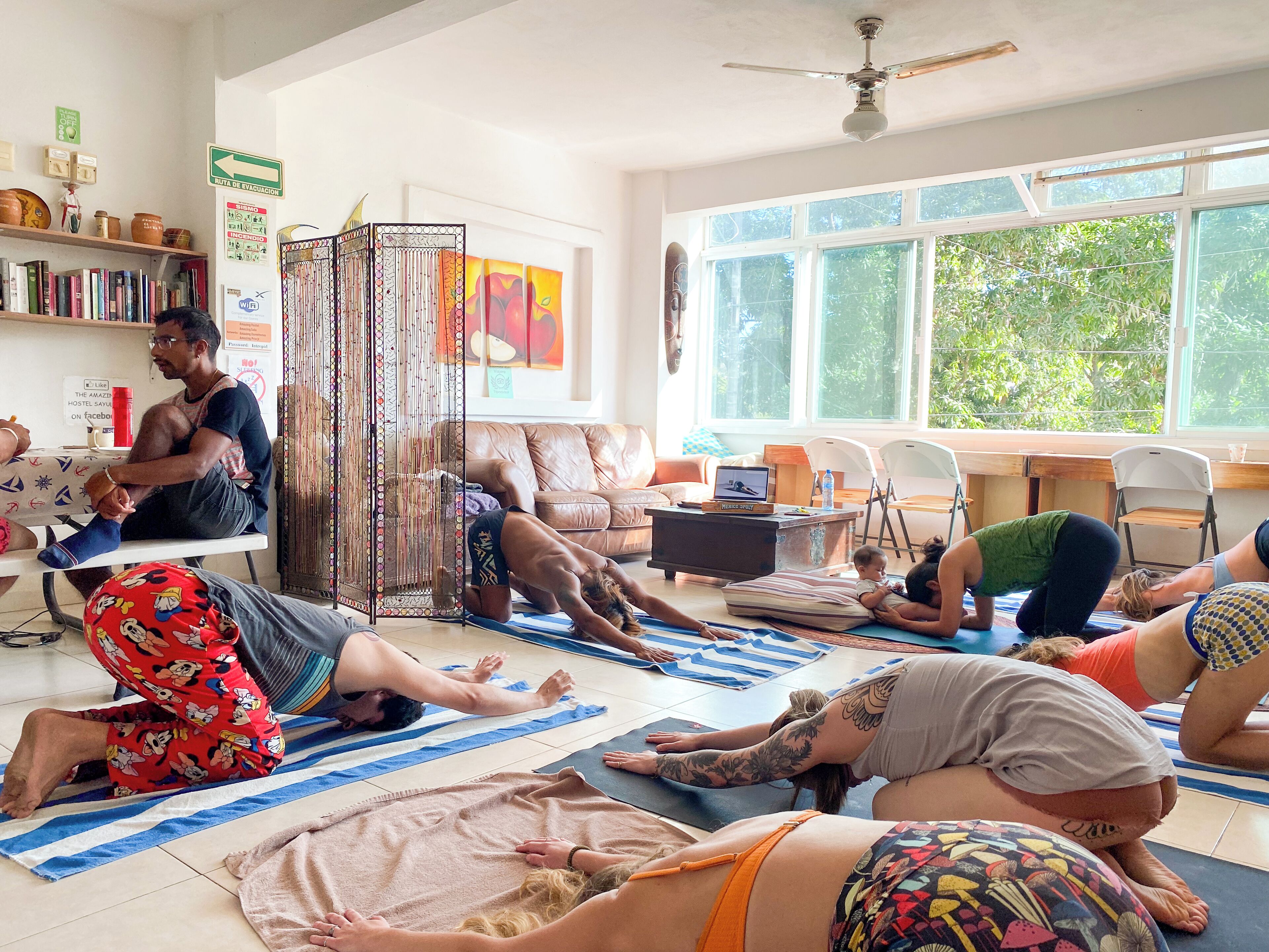A yoga class in a bright room with large windows, a ceiling fan, and a bookshelf.