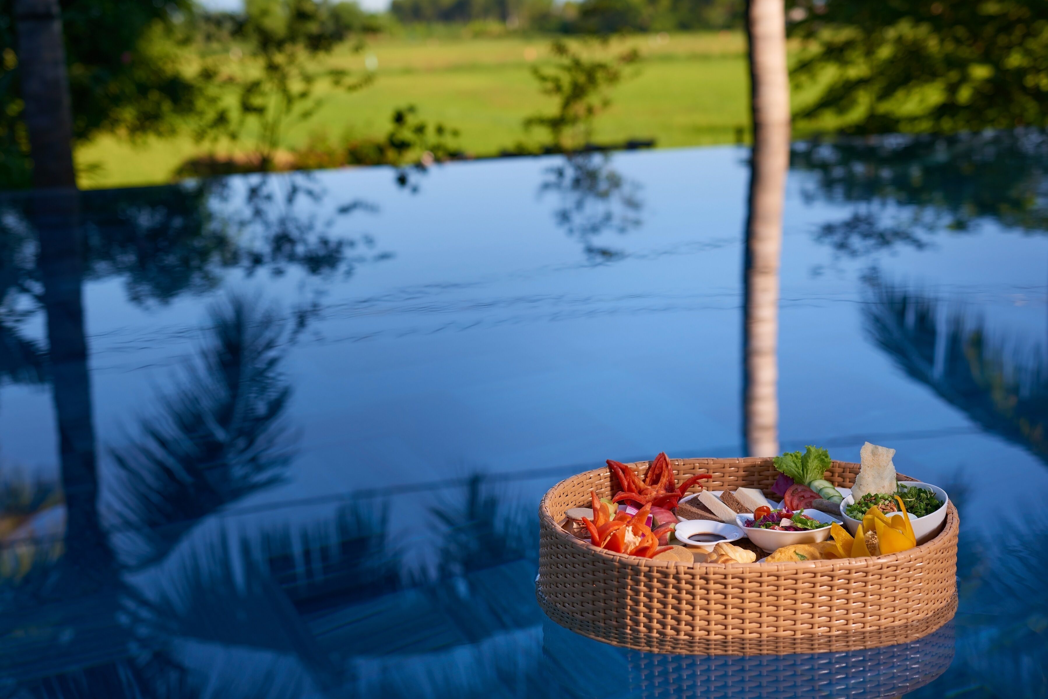 A wicker basket filled with food items on a reflective surface, with a view of greenery in the background.