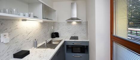 A compact kitchen with a marble countertop, a built-in oven, and a stainless steel range hood.