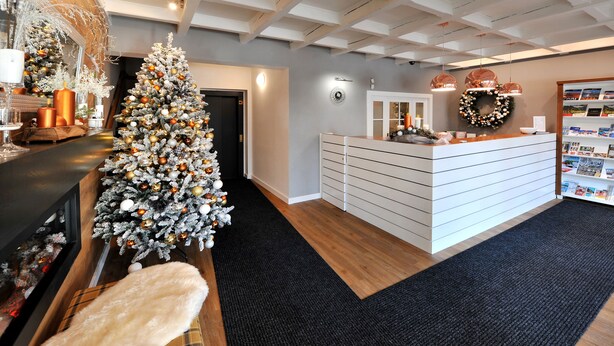 A modern hotel lobby with a Christmas tree, a reception desk, and a fireplace. - APLEND Bed & Breakfast Júlia (Vysoké Tatry)