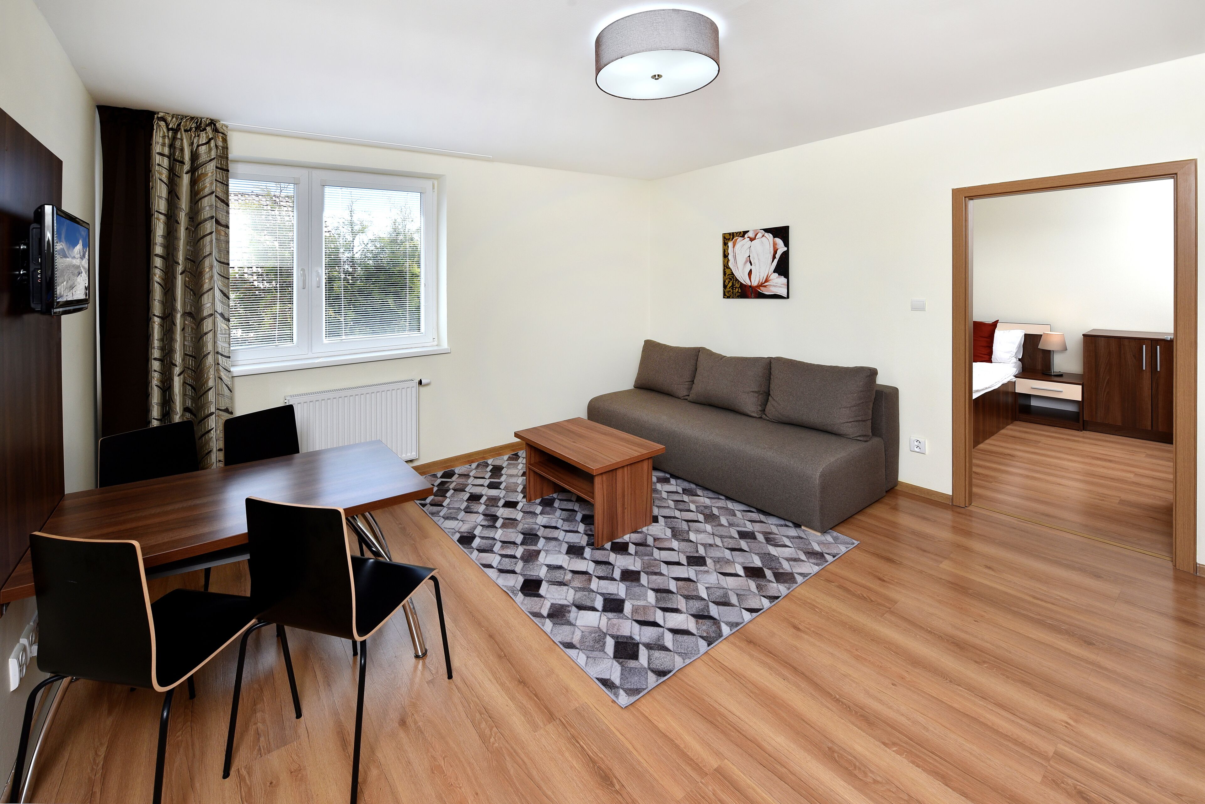 Uma sala de estar moderna com uma mesa de jantar de madeira, cadeiras pretas, um sofá cinza e um tapete estampado.