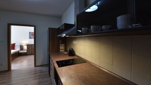 A modern kitchen with a built-in stove, a countertop, and a shelf above with cups and bowls. - APLEND Bed & Breakfast Júlia (Vysoké Tatry)