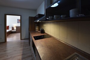 Family Apartment, 1 Bedroom, Kitchenette | Private kitchen | Fridge, microwave, stovetop, coffee/tea maker