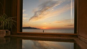 A view through a window with a reflection on the glass, a plant on the left, and a sunset over water. - Hotel Ichiboukan (Kyotango)