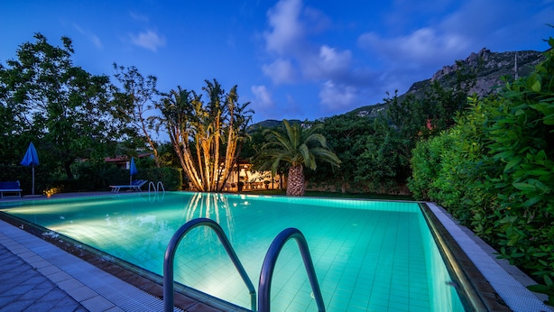 A swimming pool with clear water, surrounded by lush greenery and a mountain in the background. - Residence San Domenico (Forio)