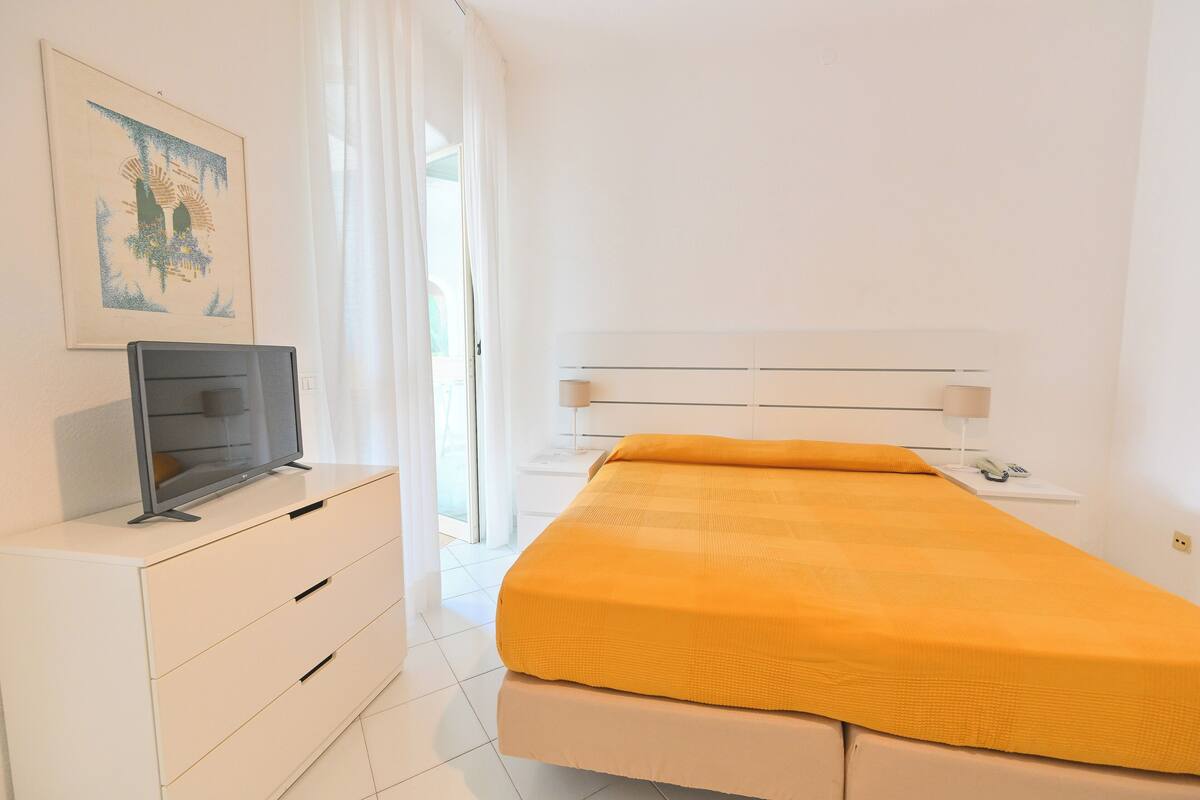 Un dormitorio con cama, mesita de noche con lámpara, televisor en cómoda y un cuadro en la pared.