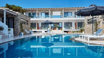 Seasonal outdoor pool, open 10:30 AM to 8:00 PM, pool umbrellas