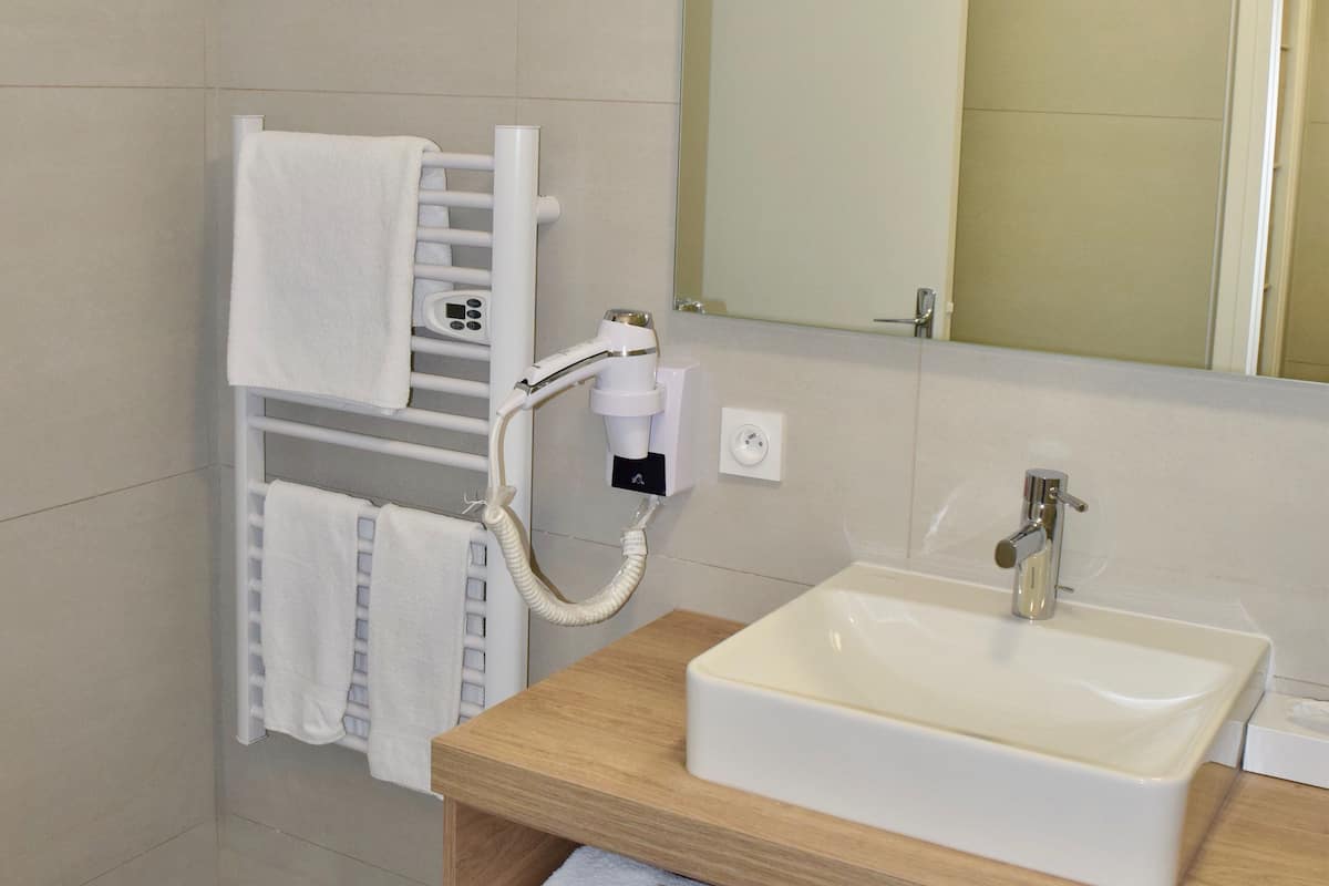 shower, free toiletries, hair dryer, towels