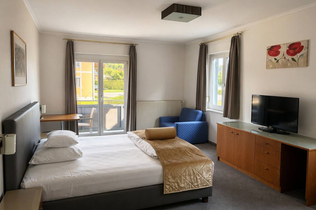 Habitación de hotel con cama, escritorio, silla, televisor y vistas al exterior.