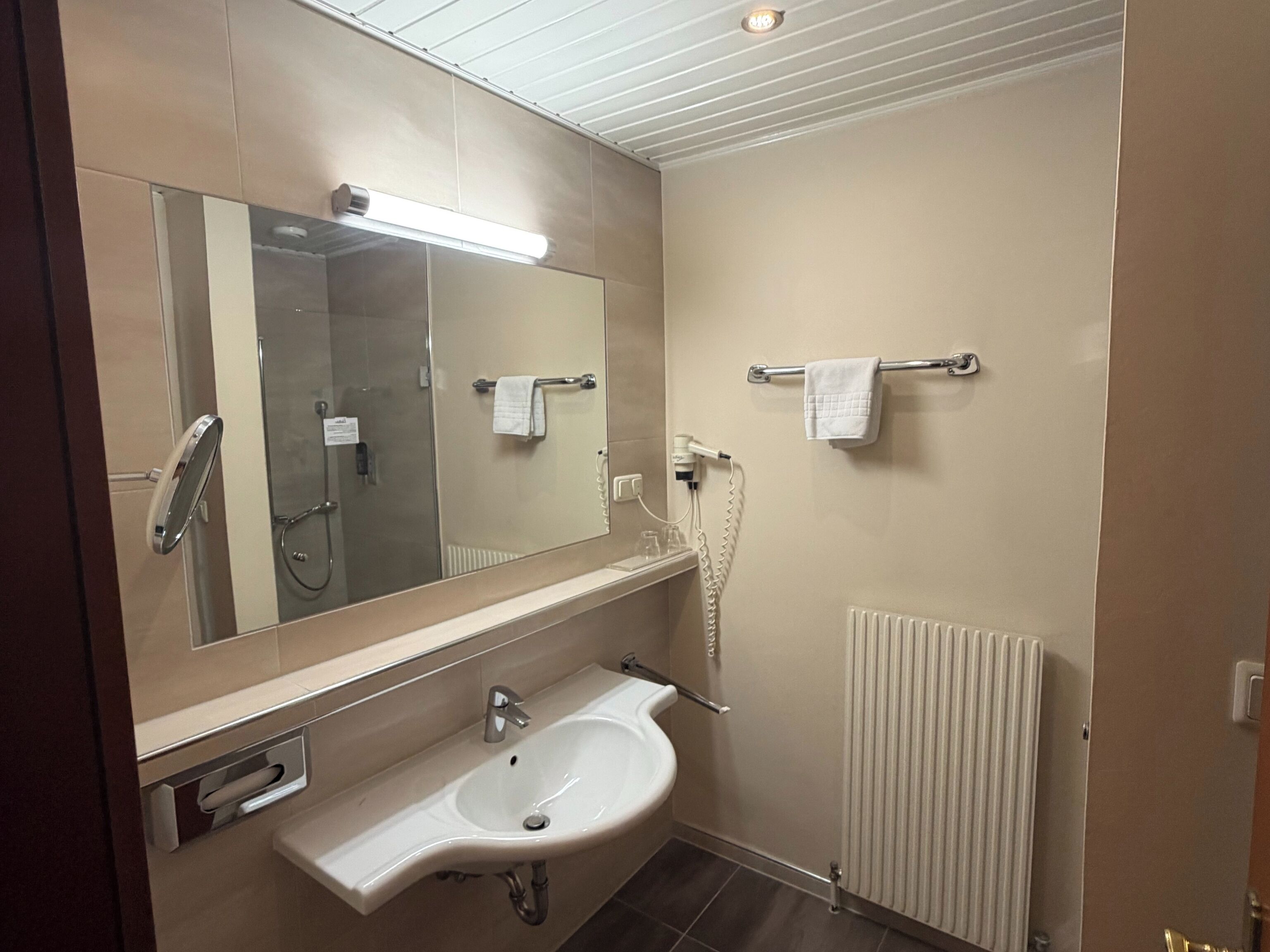 A modern bathroom with a large mirror, a sink, a towel rack, a shower, and a radiator.
