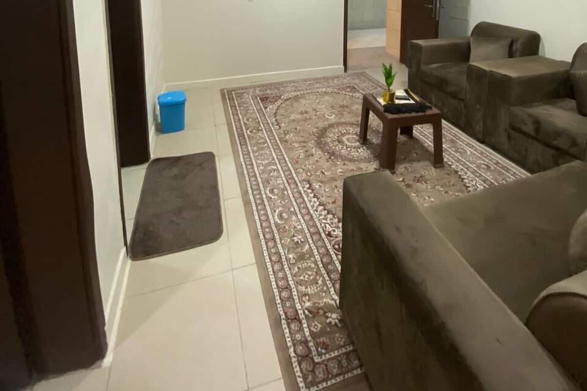 Een woonkamer met een flatscreen televisie aan de muur, een bruine bank, een bijzettafeltje met een plant en een kamerbreed tapijt.