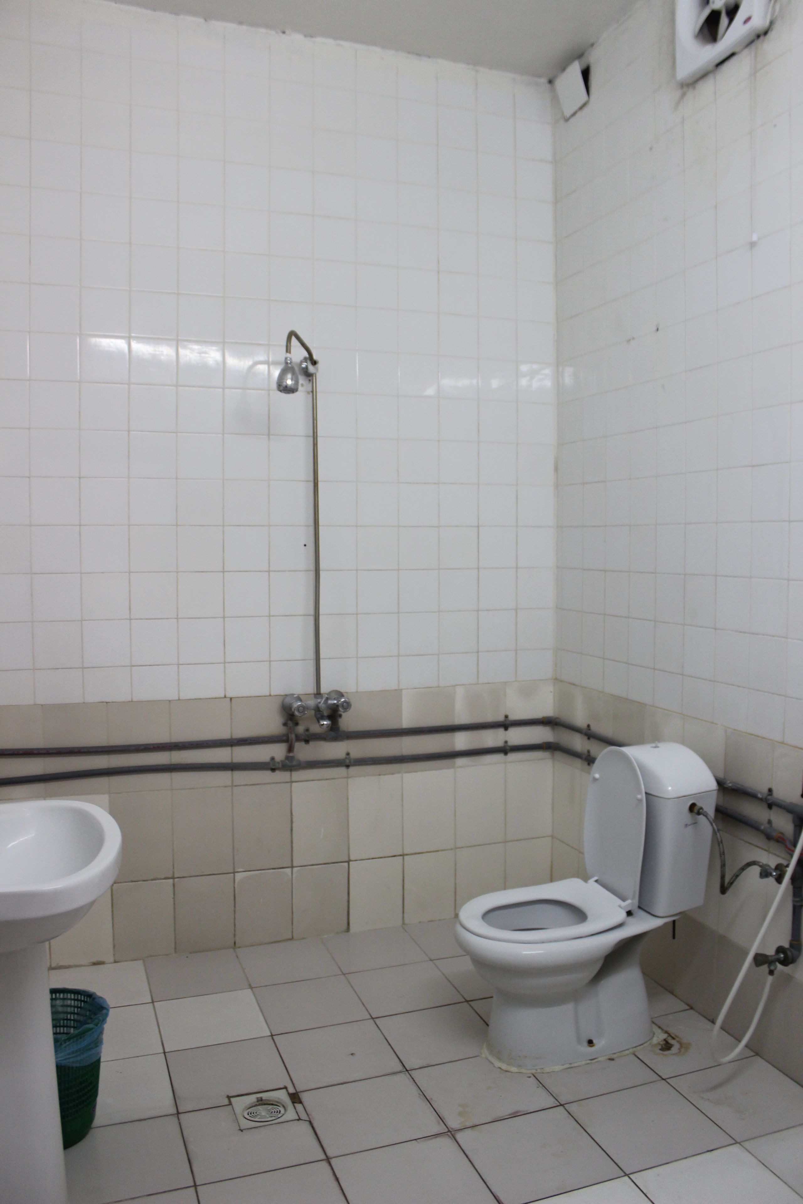 Une petite salle de bain simple, équipée d’un WC, d’un lavabo et d’une douche.