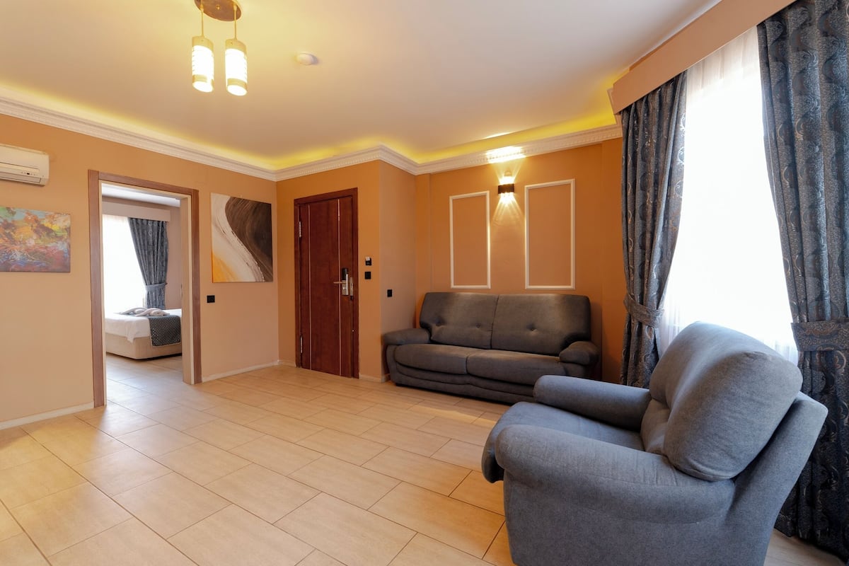 A living room with a grey sofa, a grey armchair, and a wooden door.