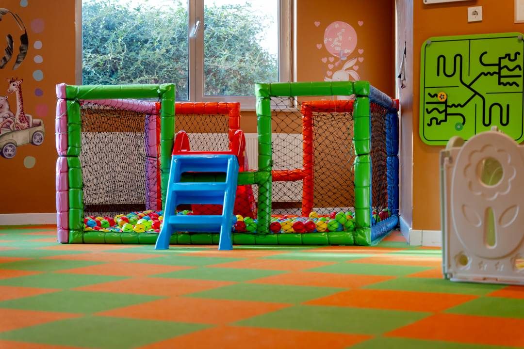 A play area with a netted enclosure, colorful balls, and a blue step.