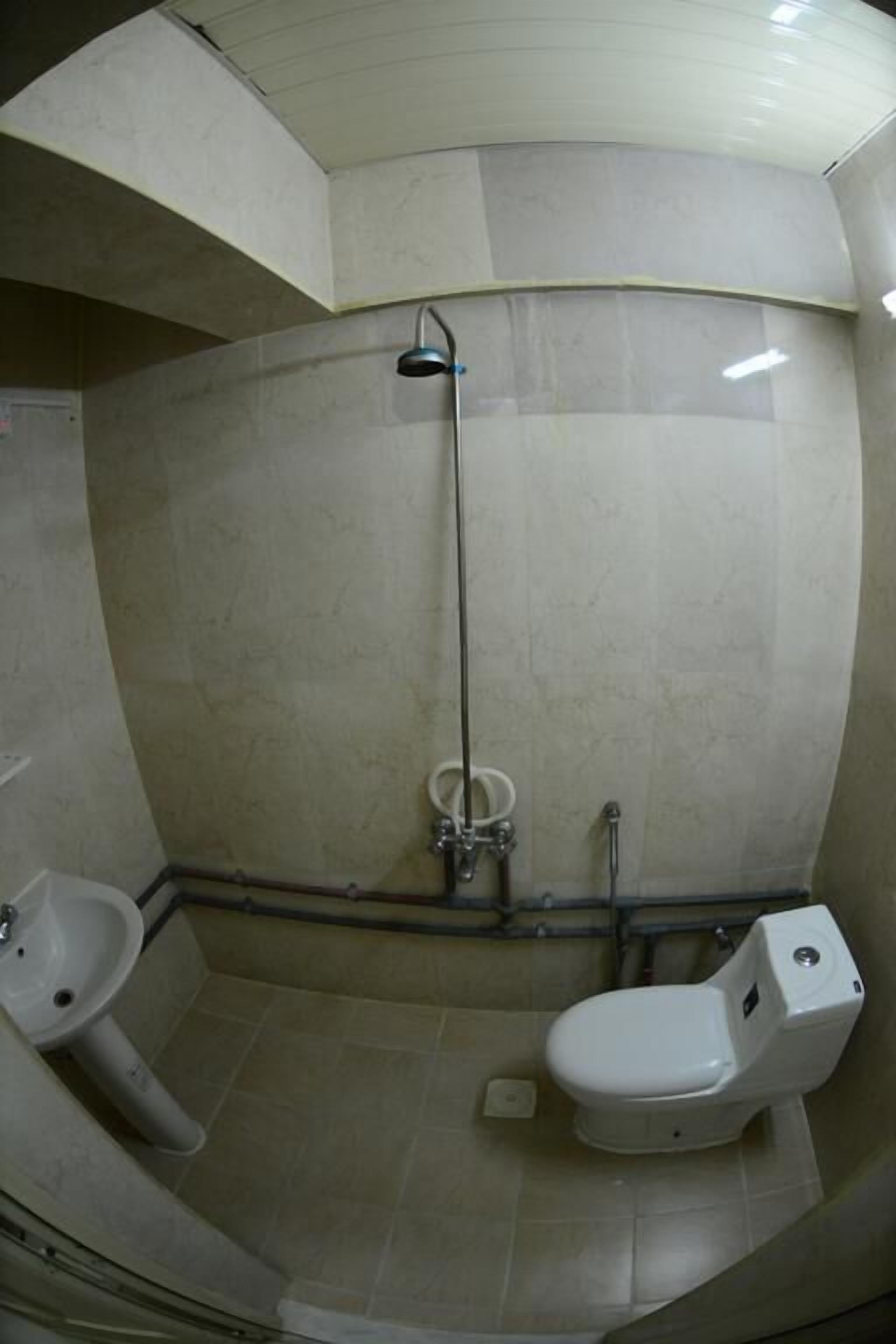 Un baño con inodoro, lavabo y ducha.