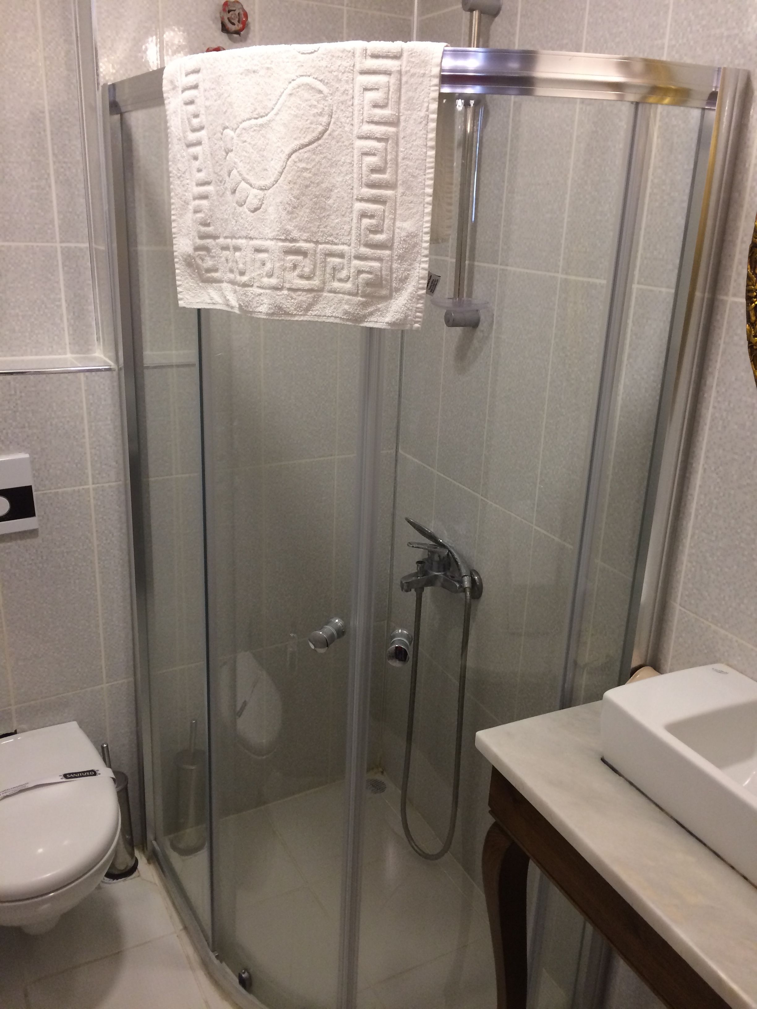 A glass-enclosed shower stall with a white towel hanging on the door, a toilet, and a sink with a wooden countertop.