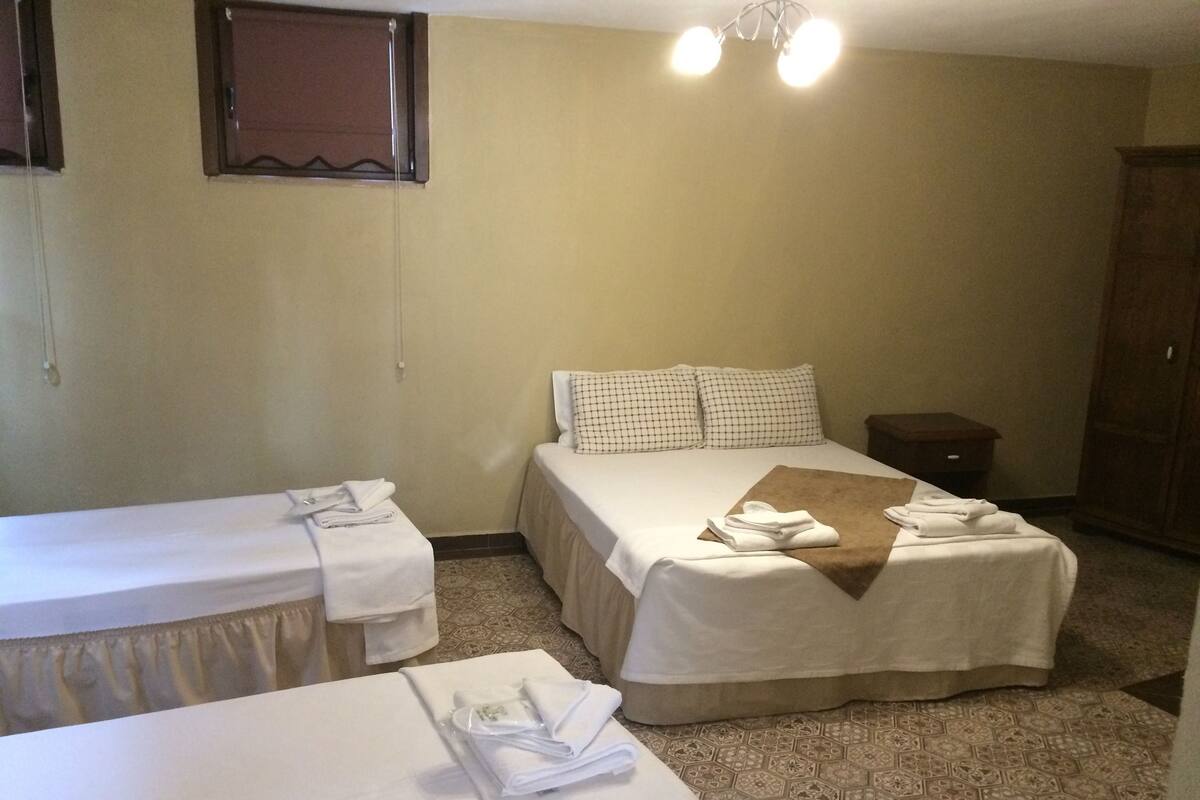 A hotel room with two beds, each with neatly folded towels and a brown throw blanket.